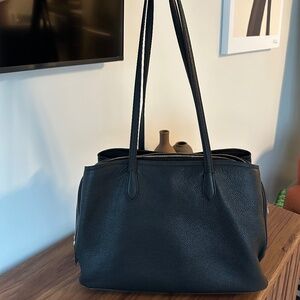 Italian Leather Triple Compartment Work Tote - BLACK